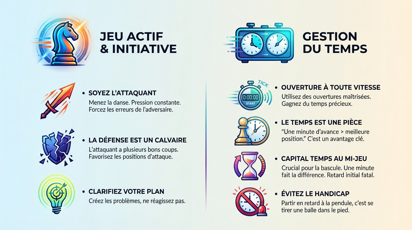 Joueur d'échecs concentré en partie blitz, main sur la pendule illustrant la gestion du temps et l'initiative